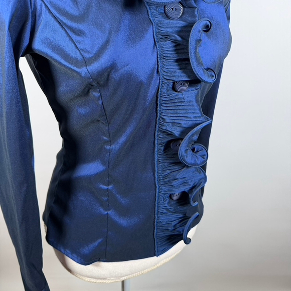 Samuel Dong Blue Satin Wired Ruffle Button Top Blouse Stretch Artsy Chic Size 8 - Picture 8 of 13